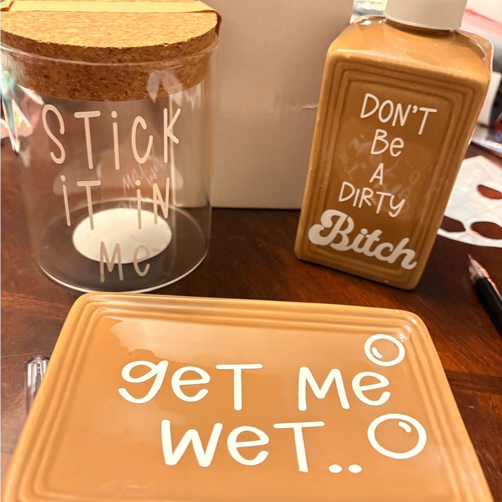 Humorous Bathroom Set with Cork Lid and Soap Dispenser